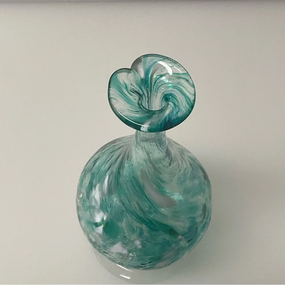LC ROFF Vase Hand Blown Glass Teardrop Signed Swirls 9” Tall Aqua